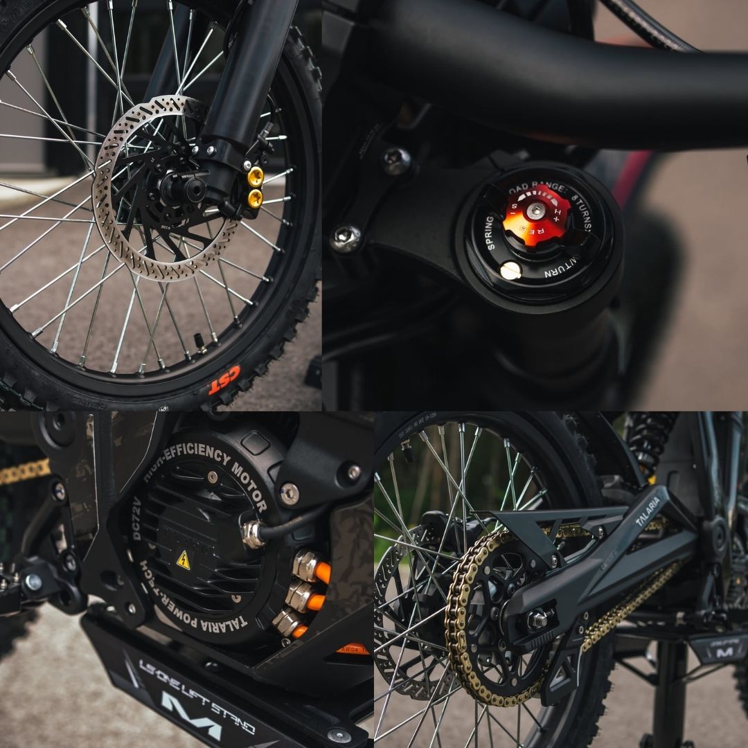 Talaria MX5 Bremsanlage mit hydraulischen Scheibenbremsen Rahmenkonstruktion im Detail